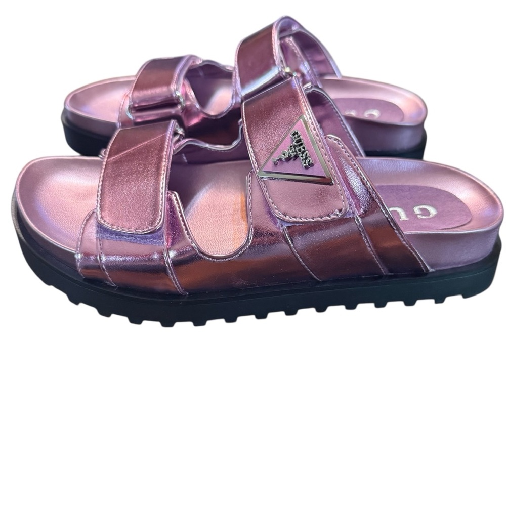 GUESS Fabula Lug-Sole Logo Footbed Sandals Slip On Metallic Pink NEW Size 5 - Picture 6 of 10